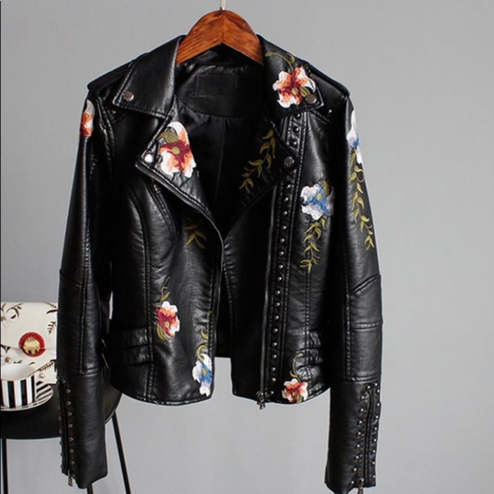 Floral Print Embroidery Faux Soft Leather Jacket Women Coat